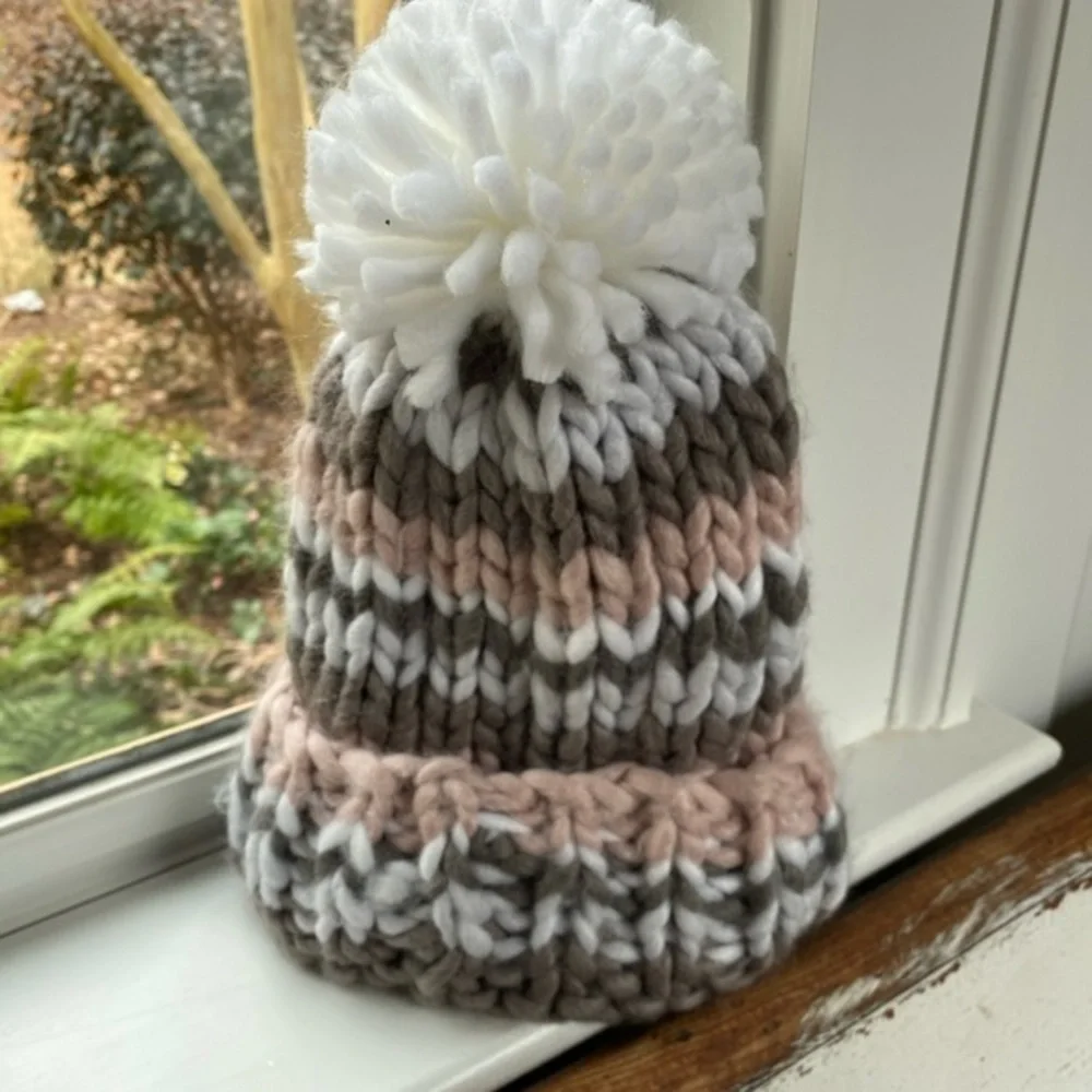 Anthropologie Chunky Striped Pom Beanie